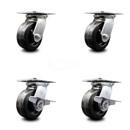Service Caster 5 Inch Phenolic Swivel Caster Set with Roller Bearings 2 Brakes SCC-35S520-PHR-2-SLB-2